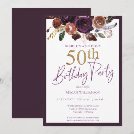 Floral Paars Gold Surprise 50th Birthday Party Kaart