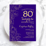 Floral Paars Gold Surprise 80th Birthday Party Kaart<br><div class="desc">Floral Paars Gold Surprise 80th Birthday Party Invitation. Minimalistisch modern design met botanische accenten en lettertype typografie. Eenvoudige bloemige uitnodigingskaart perfect voor een stijlvol vrouw verrassingsfeest. Kan op elke leeftijd worden aangepast.</div>