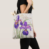 floral Paars Iris Gold Damask Monogram Naam Tote Bag (Dichtbij)