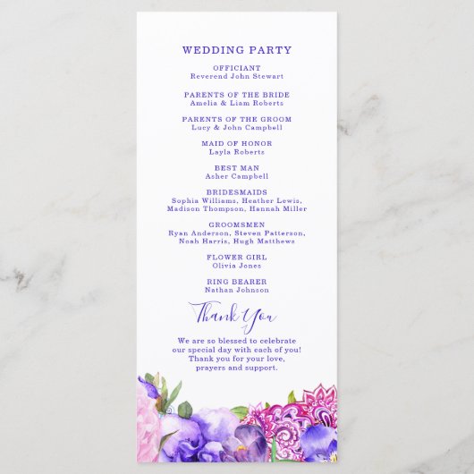 Floral Paars Paisley Chic Modern Boho Wedding Programmakaart (Achterkant)