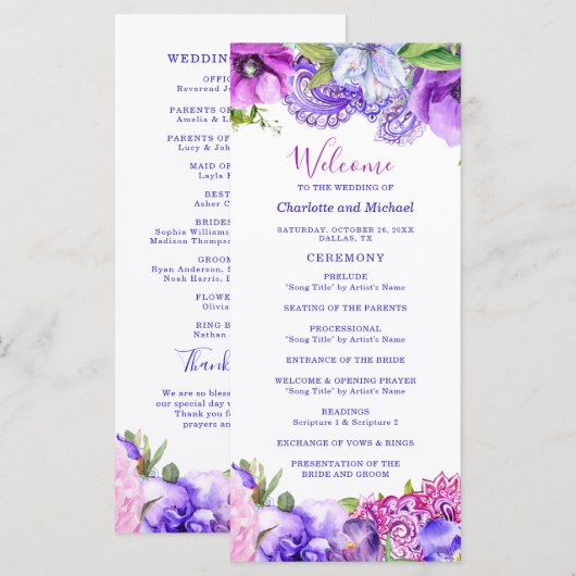 Floral Paars Paisley Chic Modern Boho Wedding Programmakaart (Voorkant / Achterkant)