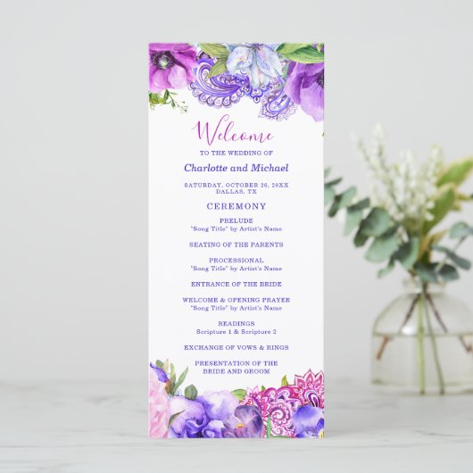 Floral Paars Paisley Chic Modern Boho Wedding Programmakaart (Staand voorkant)