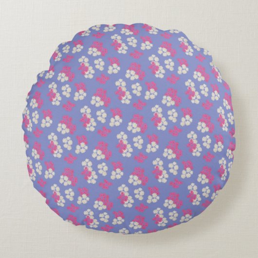 Floral Paars Pattern Round Cushion Rond Kussen (Voorkant)