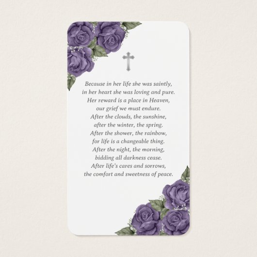 Floral Paars Silver Memorial Funeral Prayer Kaart (Achterkant)