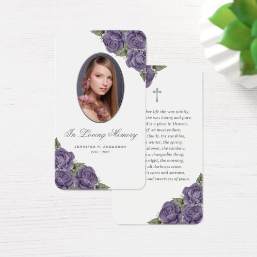 Floral Paars Silver Memorial Funeral Prayer Kaart (Bureau)