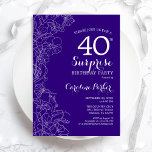 Floral Paars Surprise 40th Birthday Party Kaart<br><div class="desc">Floral Paars Surprise 40th Birthday Party Invitation. Minimalistisch modern design met botanische accenten en lettertype typografie. Eenvoudige bloemige uitnodigingskaart perfect voor een stijlvol vrouw verrassingsfeest. Kan op elke leeftijd worden aangepast. Uitnodigingen op Zazzle afdrukken of sjabloon voor digitaal afdrukken direct downloaden.</div>