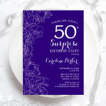 Floral Paars Surprise 50th Birthday Party Kaart<br><div class="desc">Floral Paars Surprise 50th Birthday Party Invitation. Minimalistisch modern design met botanische accenten en lettertype typografie. Eenvoudige bloemige uitnodigingskaart perfect voor een stijlvol vrouw verrassingsfeest. Kan op elke leeftijd worden aangepast. Uitnodigingen op Zazzle afdrukken of sjabloon voor digitaal afdrukken direct downloaden.</div>