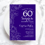 Floral Paars Surprise 60th Birthday Party Kaart<br><div class="desc">Floral Paars Surprise 60th Birthday Party Invitation. Minimalistisch modern design met botanische accenten en lettertype typografie. Eenvoudige bloemige uitnodigingskaart perfect voor een stijlvol vrouw verrassingsfeest. Kan op elke leeftijd worden aangepast. Uitnodigingen op Zazzle afdrukken of sjabloon voor digitaal afdrukken direct downloaden.</div>