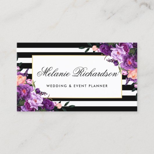 Floral Paars Ultra Violet Gold Lijst gestript Visitekaartje (Voorkant)