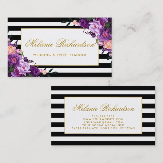 Floral Paars Ultra Violet Gold Striped Visitekaartje (Voorkant / Achterkant)