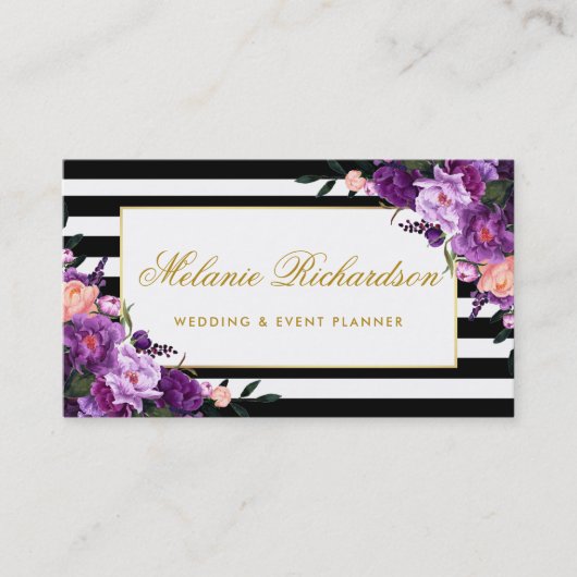 Floral Paars Ultra Violet Gold Striped Visitekaartje (Voorkant)
