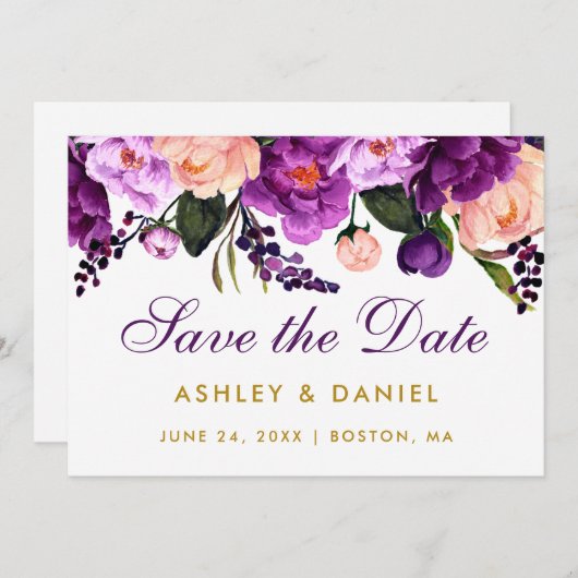 Floral Paars ultraviolet goud sparen de datum Save The Date (Voorkant / Achterkant)
