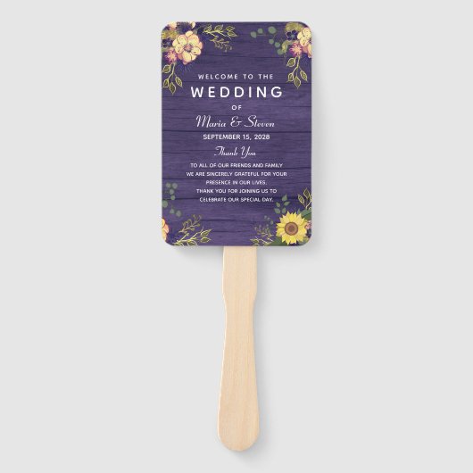 Floral Paars Wedding Programme Hand Fan Handwaaier (Voorkant)