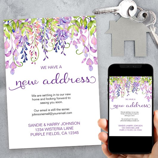 Floral Paars Wisteria New Address Moving Aankondiging