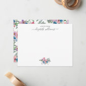 Floral Paarse Blush Roze Blauw Botanisch Script Notitiekaartje (Voorkant / Achterkant in situ)