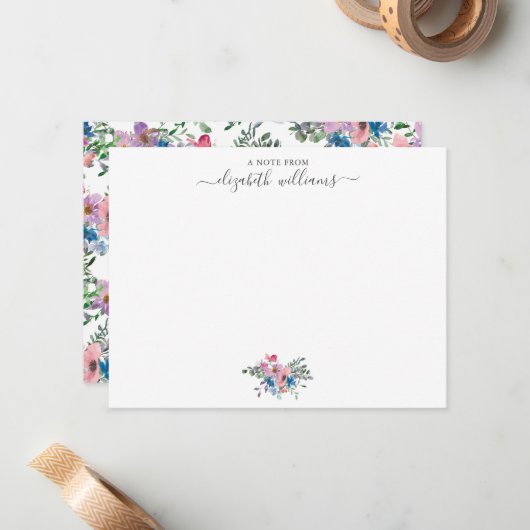 Floral Paarse Blush Roze Blauw Botanisch Script Notitiekaartje (Voorkant / Achterkant in situ)