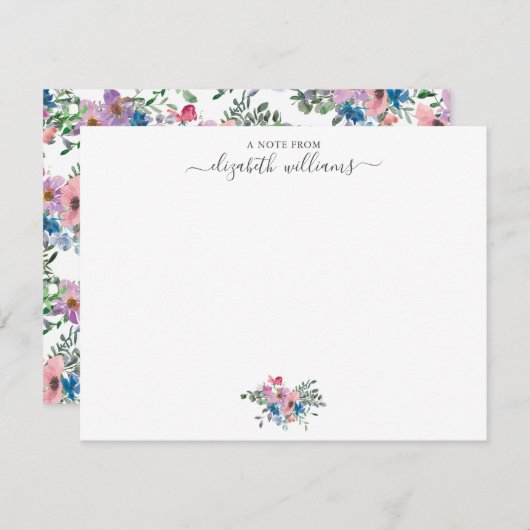 Floral Paarse Blush Roze Blauw Botanisch Script Notitiekaartje (Voorkant / Achterkant)