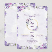 Floral Paarse botanische huwelijksuitnodiging Kaart (Voorkant / Achterkant)