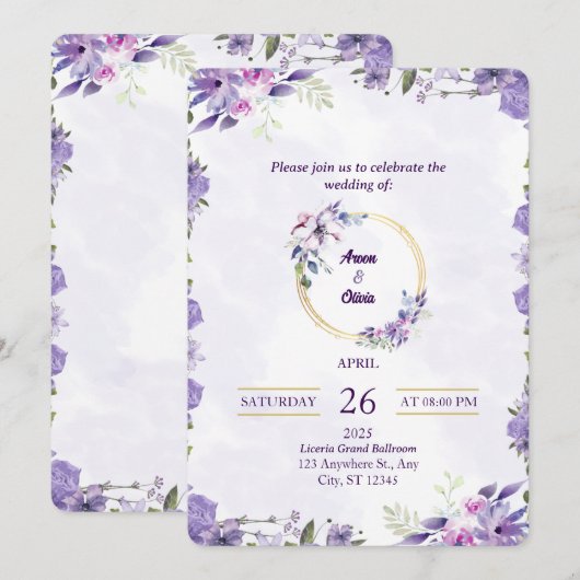 Floral Paarse botanische huwelijksuitnodiging Kaart (Voorkant / Achterkant)