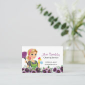 Floral Paarse Cartoon Maid House Cleaning Service Visitekaartje (Staand voorkant)