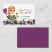 Floral Paarse Cartoon Maid House Cleaning Service Visitekaartje (Voorkant / Achterkant)