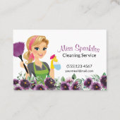 Floral Paarse Cartoon Maid House Cleaning Service Visitekaartje (Voorkant)