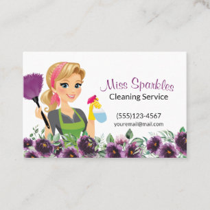 Floral Paarse Cartoon Maid House Cleaning Service Visitekaartje
