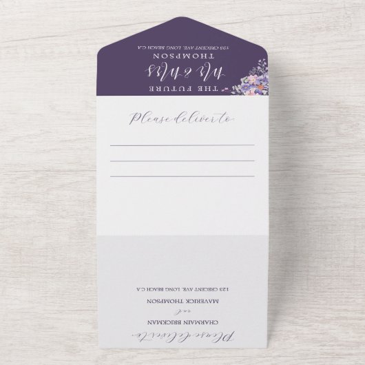 Floral Paarse Dreams Simple Wedding All In One Uitnodiging (Buitenkant)