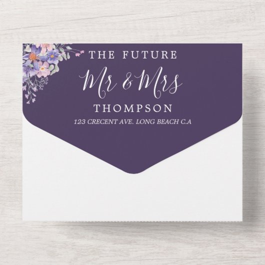 Floral Paarse Dreams Simple Wedding All In One Uitnodiging (Achterkant)