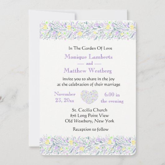 Floral Paarse en gele bruiloft bloemen en hart Kaart (Voorkant)