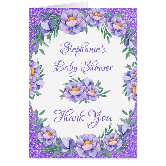 Floral Paarse Glitter Baby shower dank u (Voorkant)