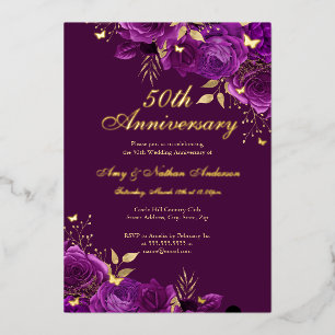 Floral Paarse Goud 50ste bruiloft Jubileum Folie Uitnodiging