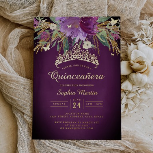 Floral Paarse Gouden Amethist Quinceanera Folie Uitnodiging