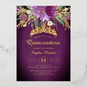 Floral Paarse Gouden Amethist Quinceanera Folie Uitnodiging (Voorkant)