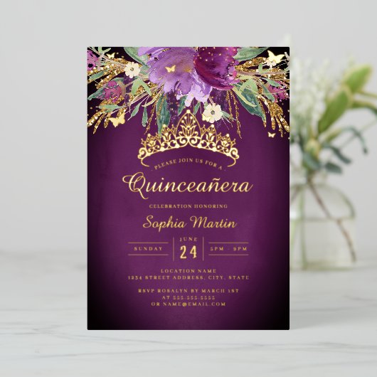 Floral Paarse Gouden Amethist Quinceanera Folie Uitnodiging (Staand Voorkant)
