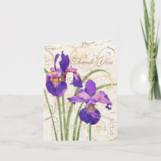Floral Paarse Iris Goud Damask Wit Bedankkaart (Voorkant)