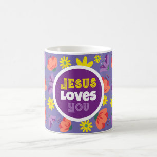 Floral Paarse Jesus Loves You Coffee Mok