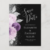 Floral Paarse Lavendel Zwart Zilver Glitter Briefkaart (Voorkant)