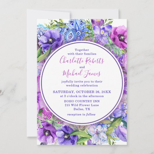 Floral Paarse Paisley Waterverf Wedding Kaart (Voorkant)
