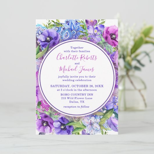 Floral Paarse Paisley Waterverf Wedding Kaart (Staand voorkant)