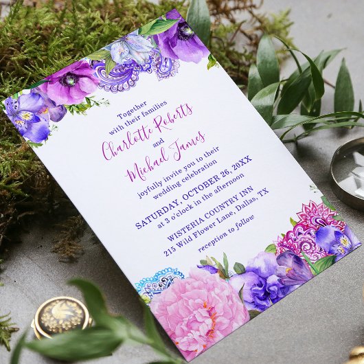 Floral Paarse Paisley Waterverf Wedding Kaart