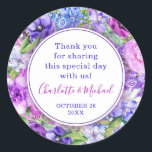 Floral Paarse Paisley Waterverf Wedding Stickers<br><div class="desc">Floral Paarse Paisley Waterverf Wedding Stickers kenmerkt elegante roze en paarse waterverf bloemen zoals paarse iris, roze en paarse anemonen, fresias en nog veel meer met moderne paisley en mandala accenten op een witte achtergrond met je dank dat je trouwinformatie in het centrum hebt. Personaliseer door de tekst in de...</div>