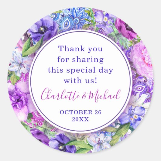 Floral Paarse Paisley Waterverf Wedding Stickers (Voorkant)