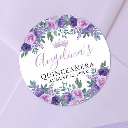 Floral Paarse Quinceanera Ronde Sticker