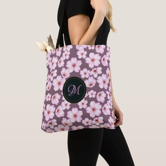 Floral paarse retro patroon. Monogram. Tote Bag (Dichtbij)