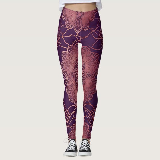 Floral Paarse Rosegold AI kunst Leggings (Voorkant)