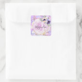 Floral-Paarse, roze en goudregenboogmarmer Vierkante Sticker (Tas)