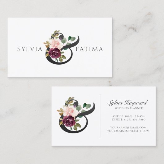 Floral Paarse Rozen Elegant Ampersand Visitekaartje (Voorkant / Achterkant)