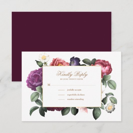  Floral Paarse RSVP-kaart Kaart (Voorkant / Achterkant)