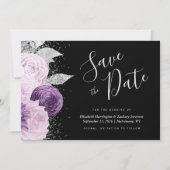 Floral Paarse Silver Glitter Black Save the Date Kaart (Voorkant)